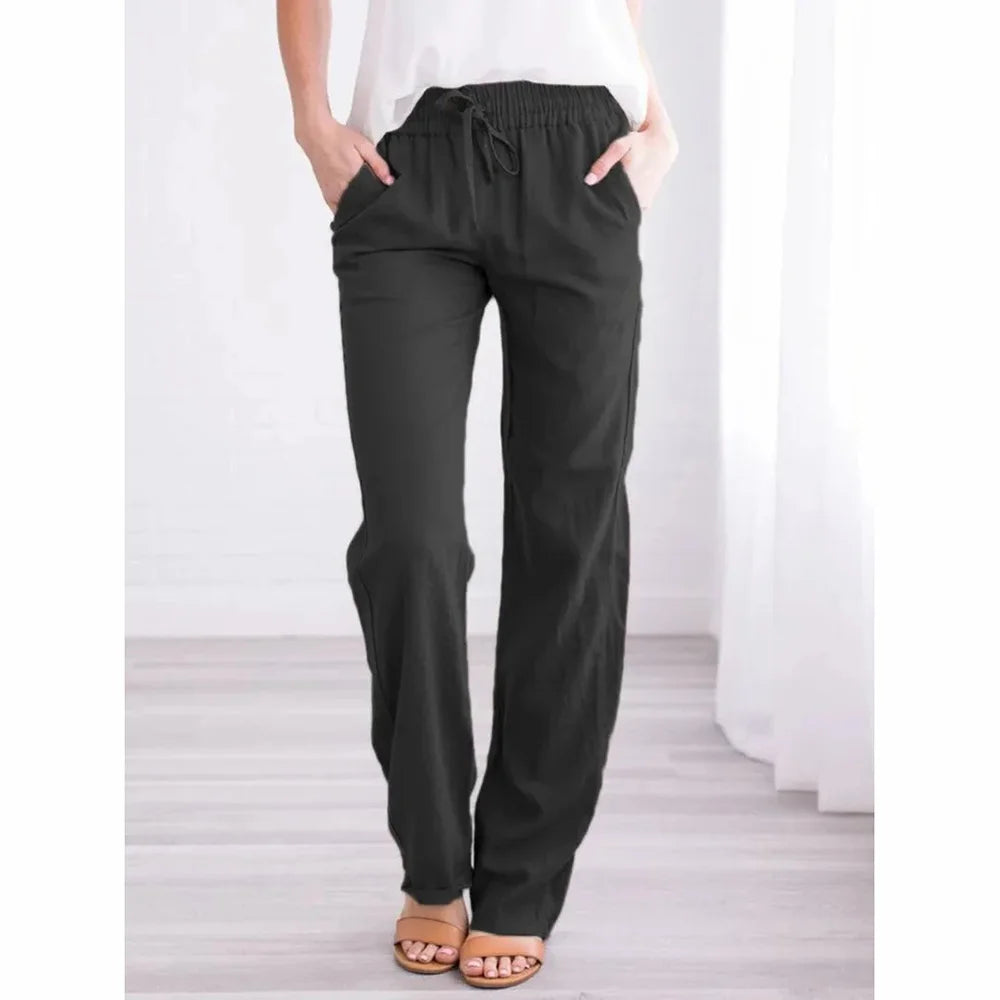 Women Cotton Linen Drawstring Pants Elastic Waist Casual Solid Color Trousers Baggy Loose Straight Leg Breathable Sweatpants