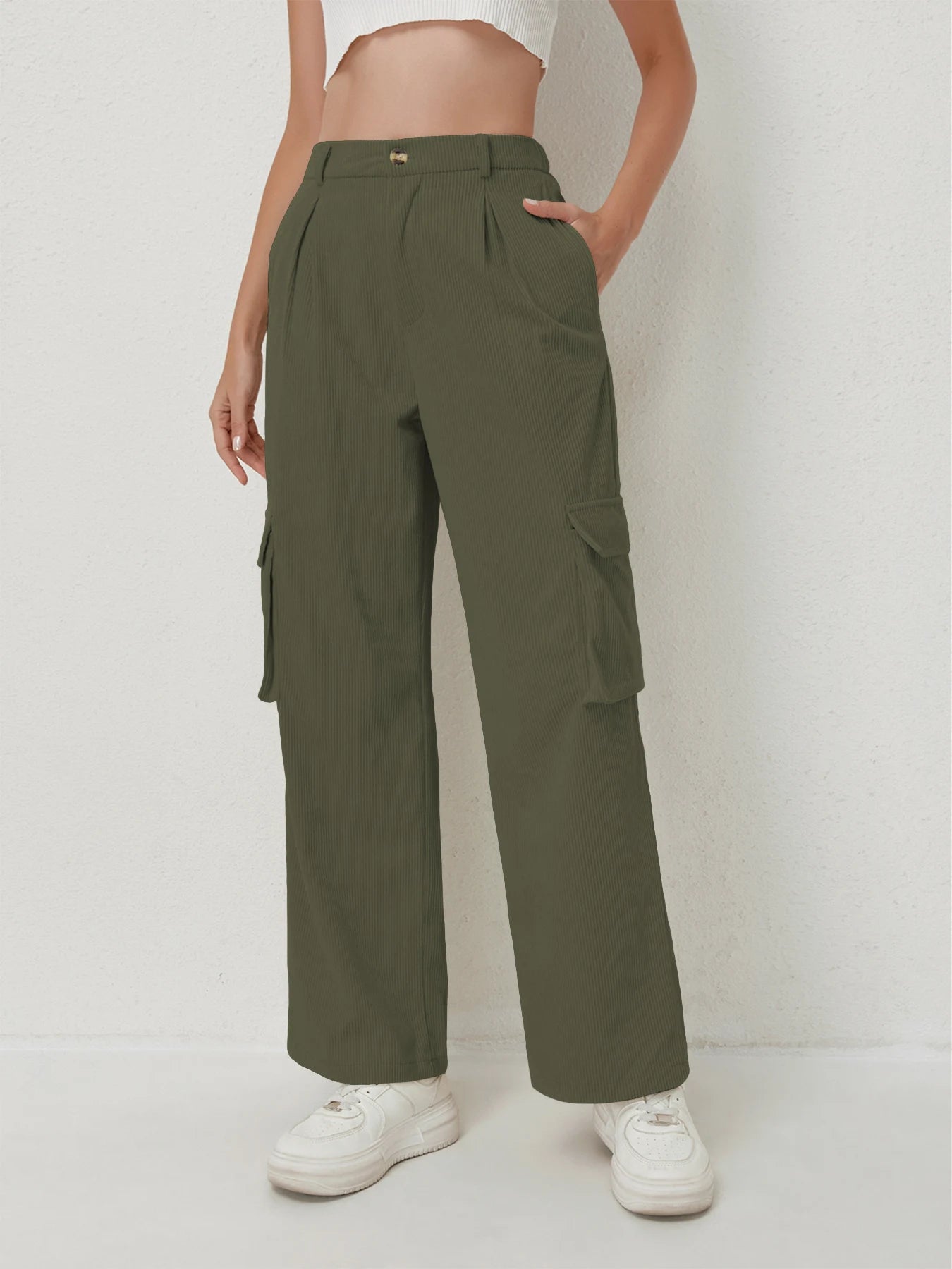 Women's casual trousers corduroy trousers multi-pocket drape high waist trousers women's sports casual work trousers