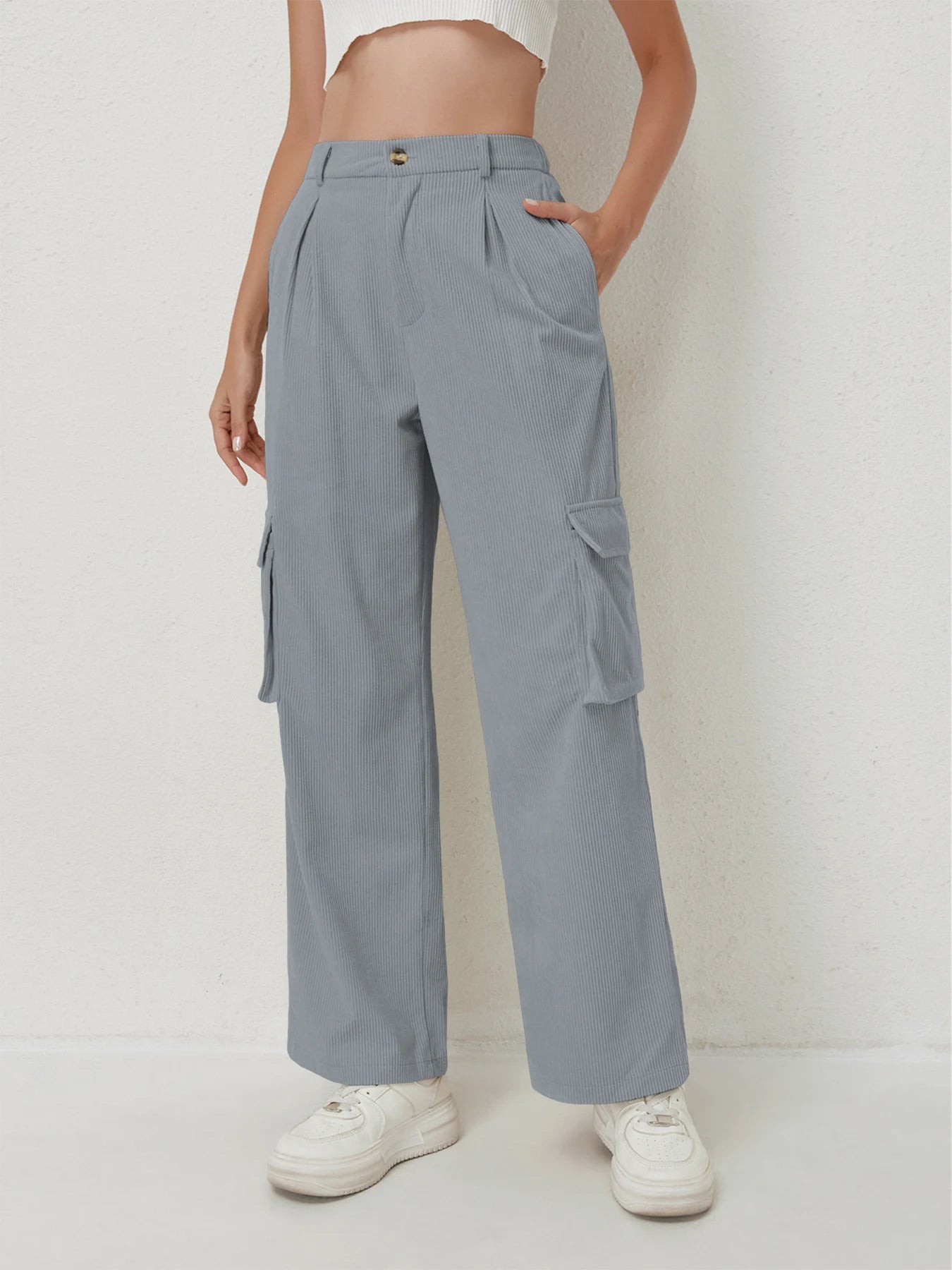 Women's casual trousers corduroy trousers multi-pocket drape high waist trousers women's sports casual work trousers