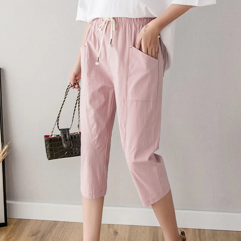 Summer Women Thin Cropped Pants Solid Color Casual All-match Elastic Waist Pencil Pants Woman Simple Basic Pockets Harem Pants