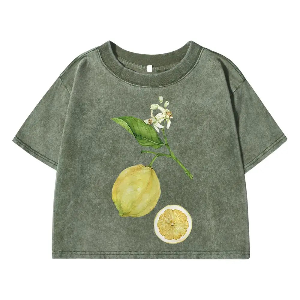 Lemon Branches Simple Printing Female Washed Short T-Shirt Summer Cool T Shirts Distress Hip Hop Clothes Breathable Soft Tops