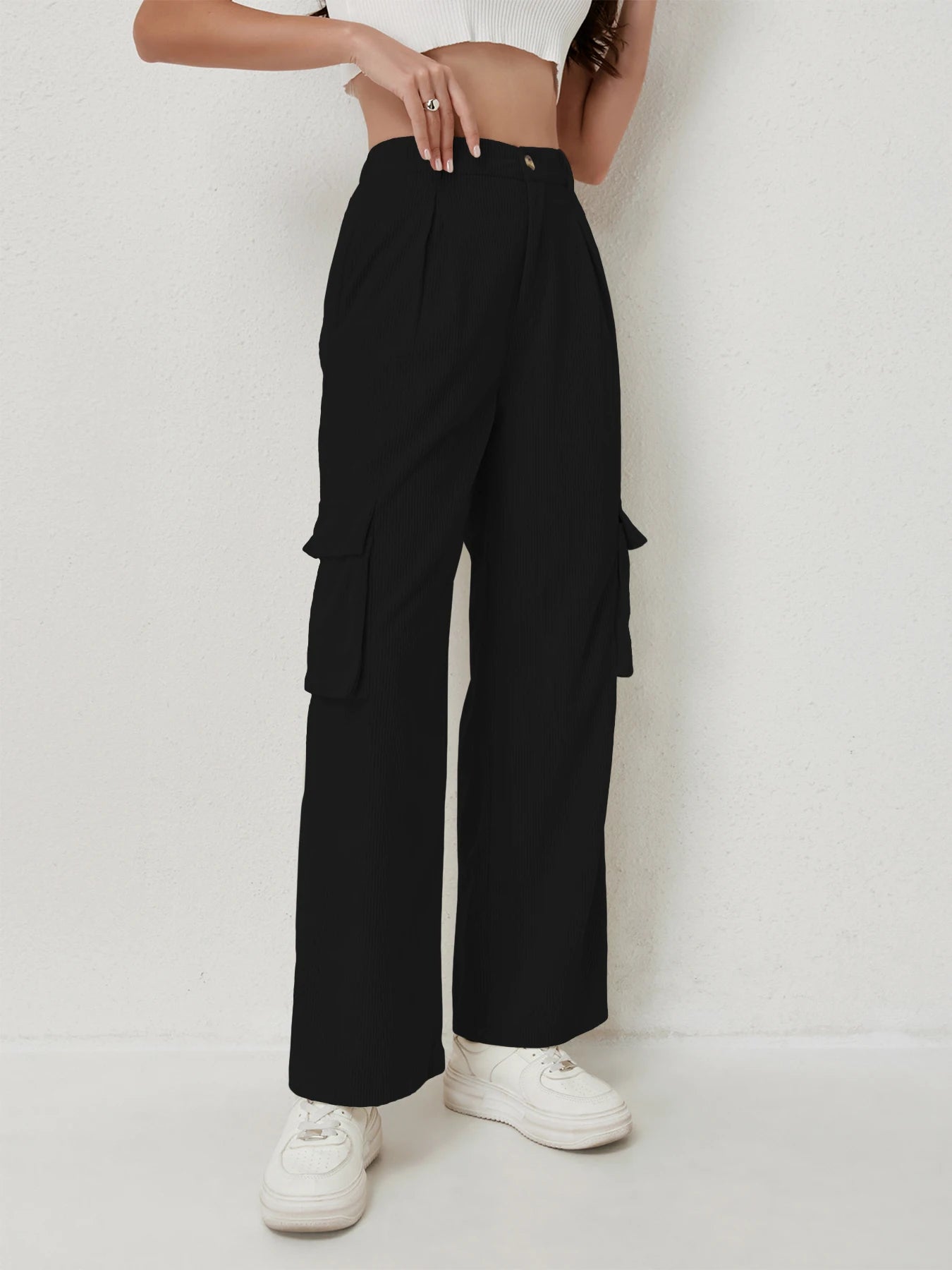 Women's casual trousers corduroy trousers multi-pocket drape high waist trousers women's sports casual work trousers