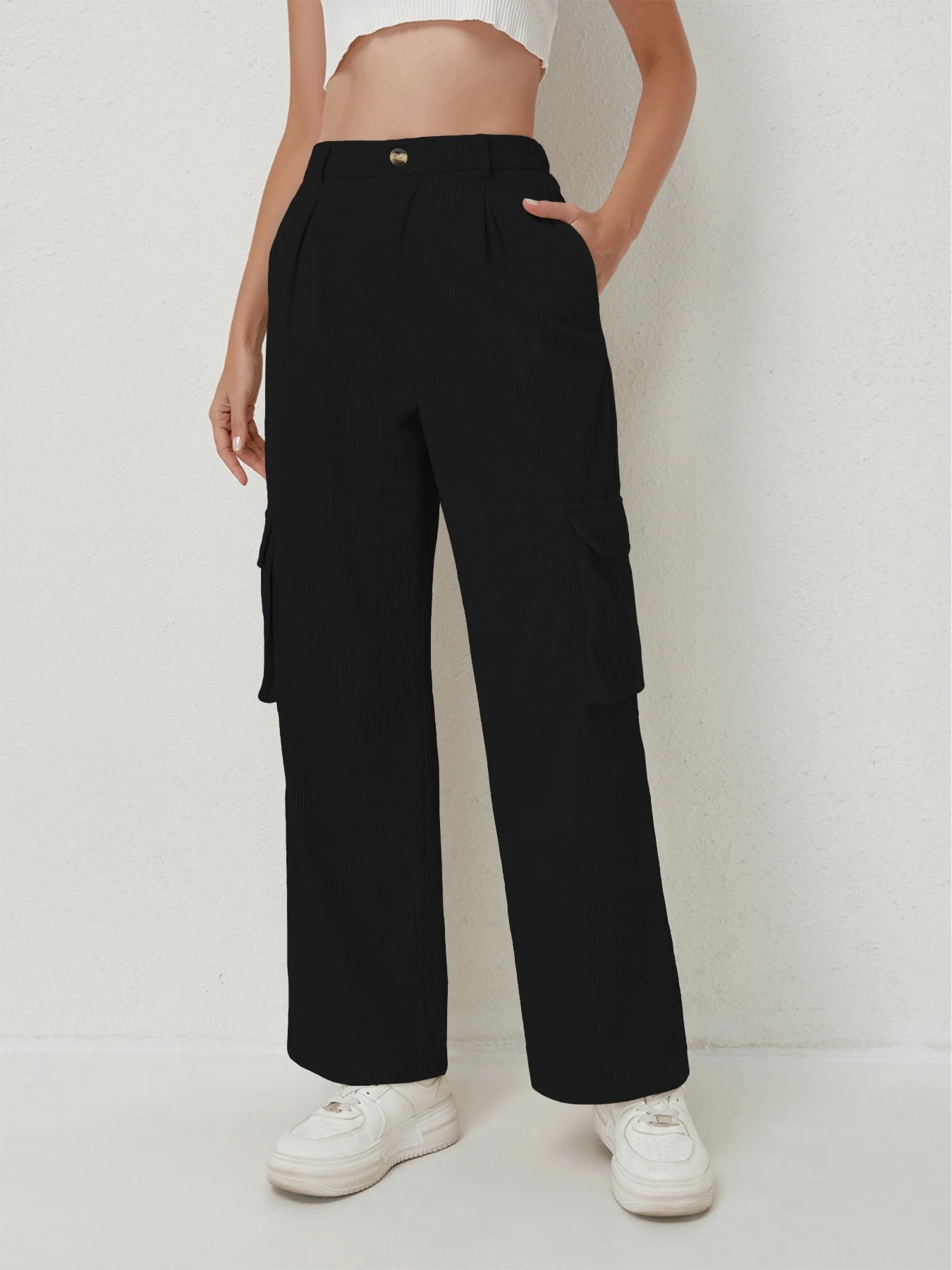 Women's casual trousers corduroy trousers multi-pocket drape high waist trousers women's sports casual work trousers