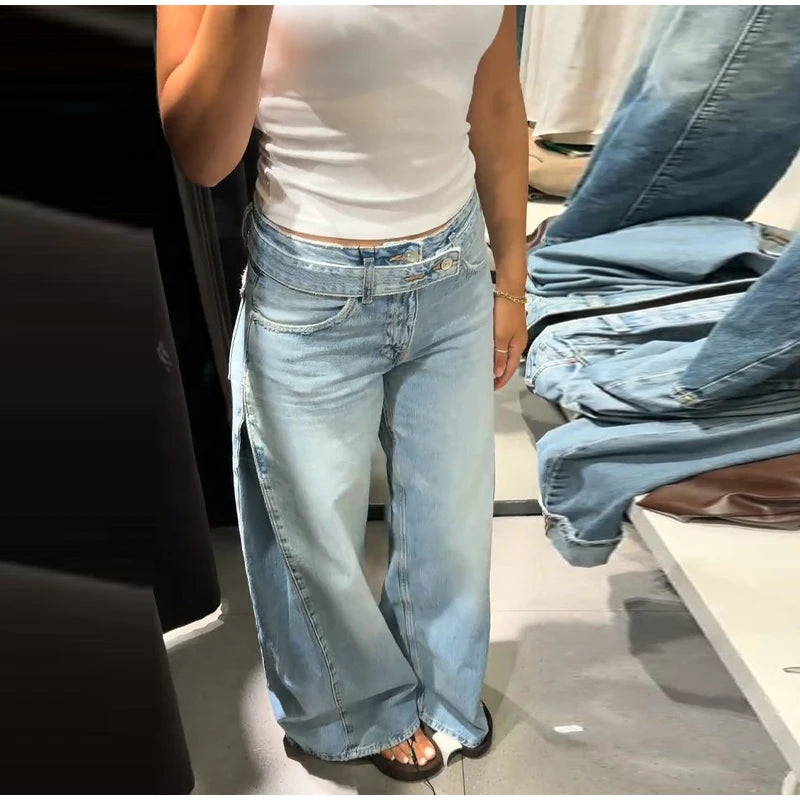 Low-Rise Raw Hem Rhinestone Star Cut-Out Jeans Baggy Wide Leg 2026 Summer Chic Women Denim Pants Causal Versatile Lady Bottoms