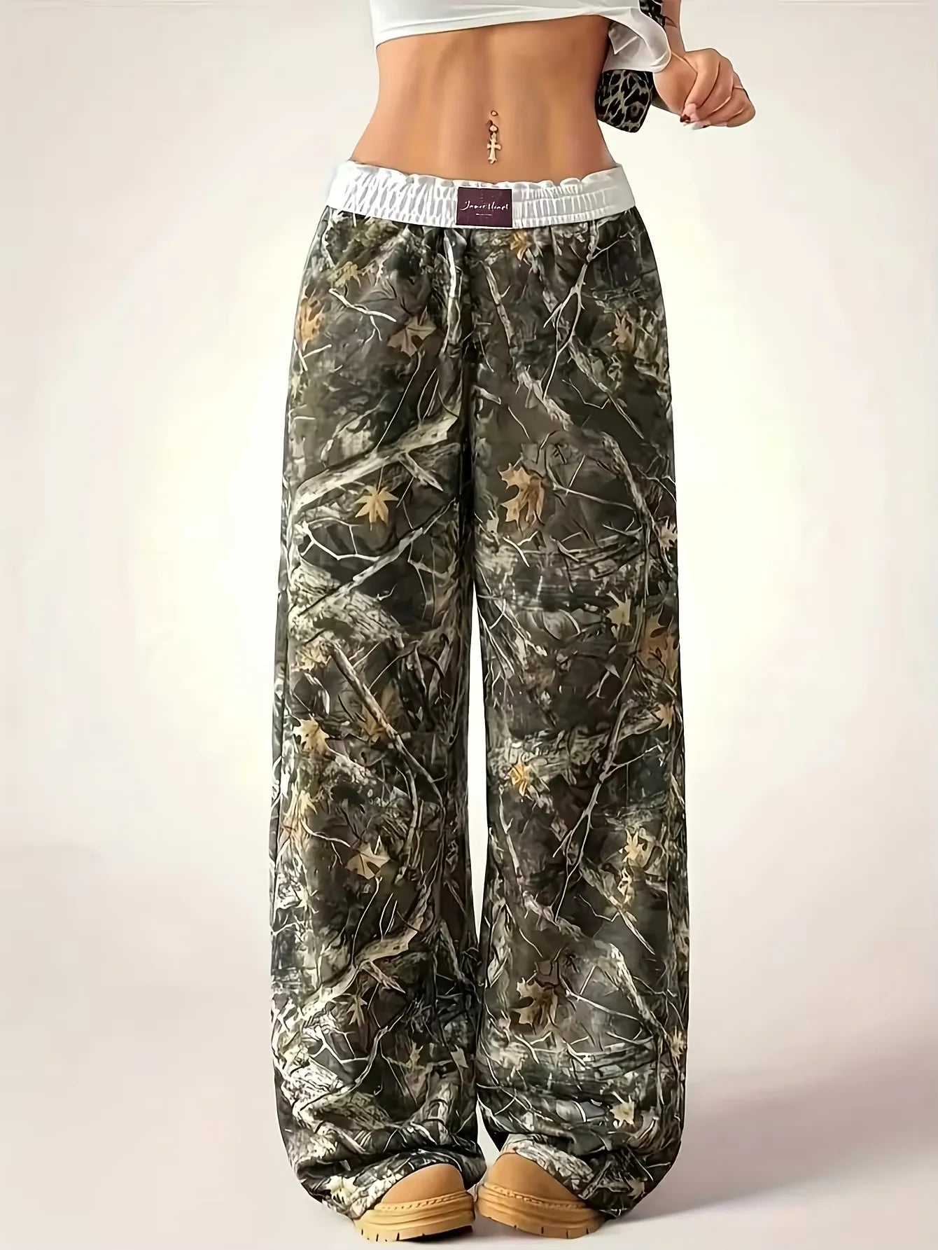 Ladies Casual Camouflage Print Wide-Leg Pants Comfortable Daily Travel Trousers Loose Fit High Waist