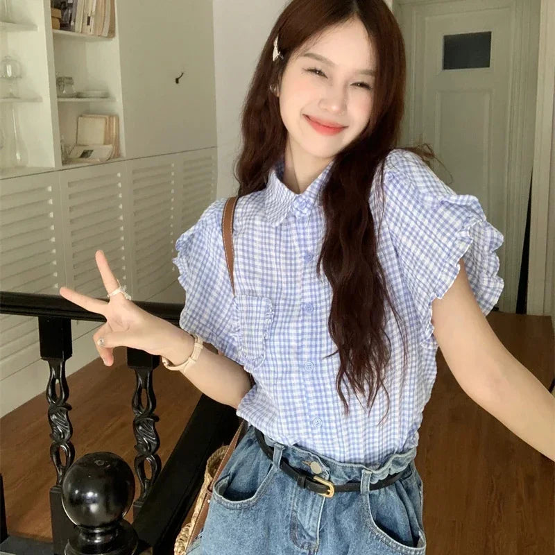 Fanan Korean Ruffles Short Sleeve Plaid Shirt Women Preppy Sweet Turn Down Collar Blouse Woman Summer Pocket Button Up Shirts