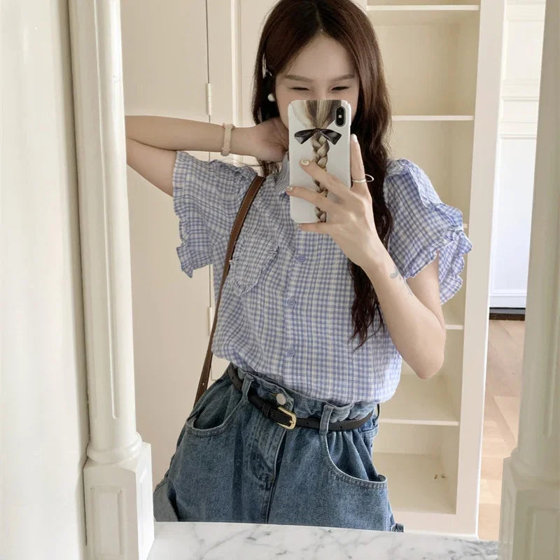 Fanan Korean Ruffles Short Sleeve Plaid Shirt Women Preppy Sweet Turn Down Collar Blouse Woman Summer Pocket Button Up Shirts