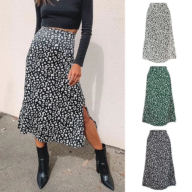New Sexy Leopard Print  Split Skirt Casual Fashion Long Skirts for Women Spring Summer Zip Elegant Female Skirt