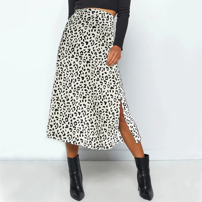 New Sexy Leopard Print  Split Skirt Casual Fashion Long Skirts for Women Spring Summer Zip Elegant Female Skirt