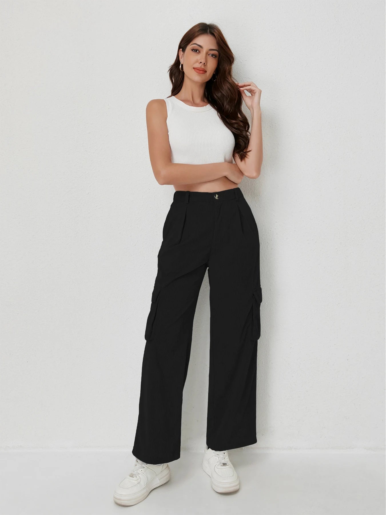 Women's casual trousers corduroy trousers multi-pocket drape high waist trousers women's sports casual work trousers