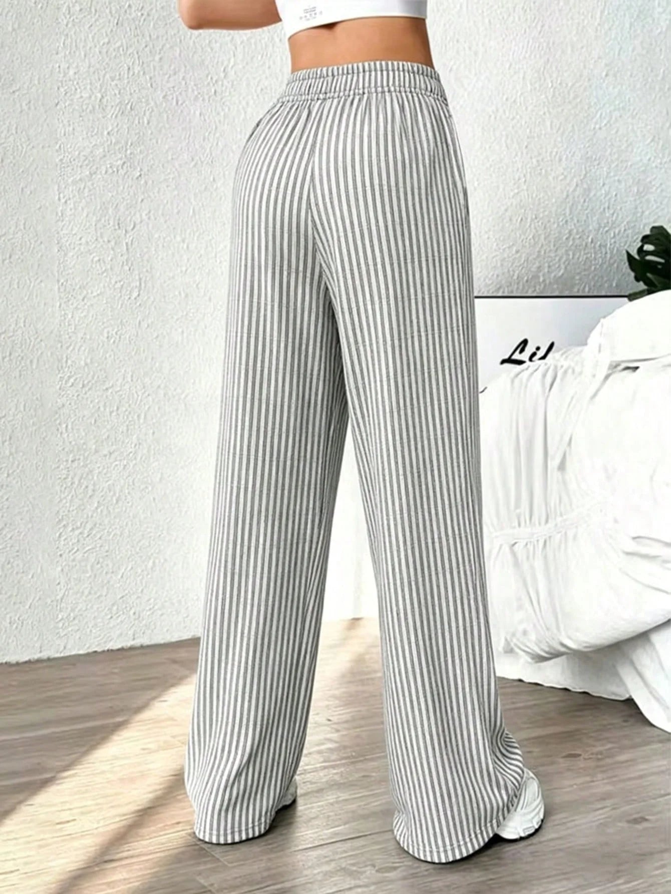 Womens Summer Striped Ice Silk Wide Leg Pants Elastic Waist Straight Leg Trousers Slim Fit Casual Lounge Leggings Daily Wear