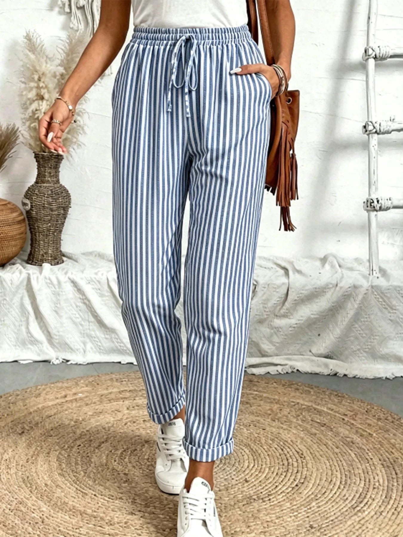 Women Striped Loose Pants 2026 Spring Summer, Elastic Drawstring Waist Wide Leg Casual Trousers, Breathable Soft Streetwear Pant