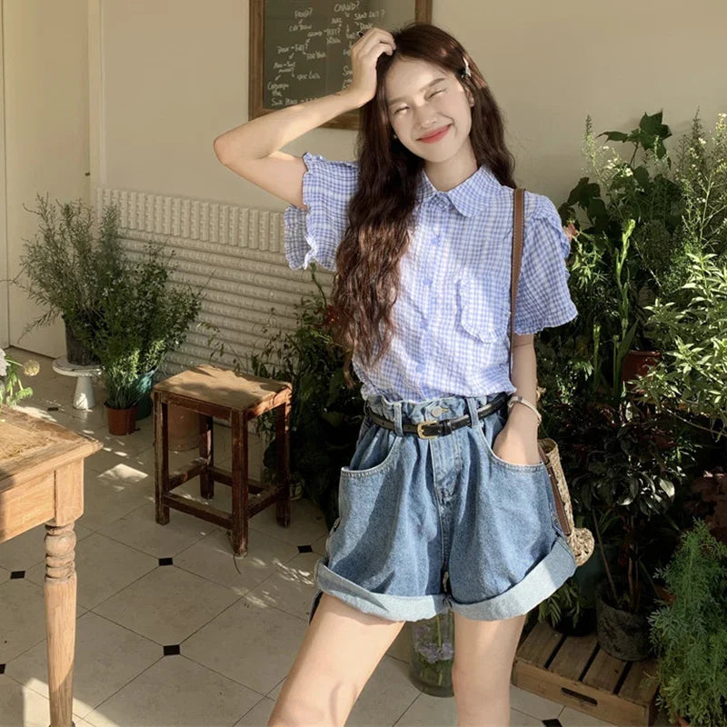 Fanan Korean Ruffles Short Sleeve Plaid Shirt Women Preppy Sweet Turn Down Collar Blouse Woman Summer Pocket Button Up Shirts