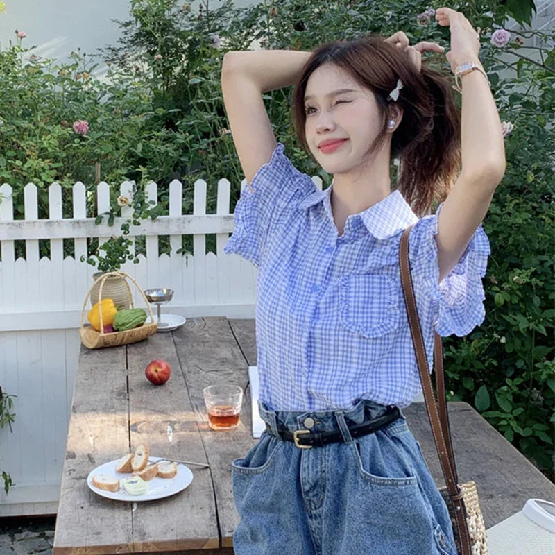 Fanan Korean Ruffles Short Sleeve Plaid Shirt Women Preppy Sweet Turn Down Collar Blouse Woman Summer Pocket Button Up Shirts