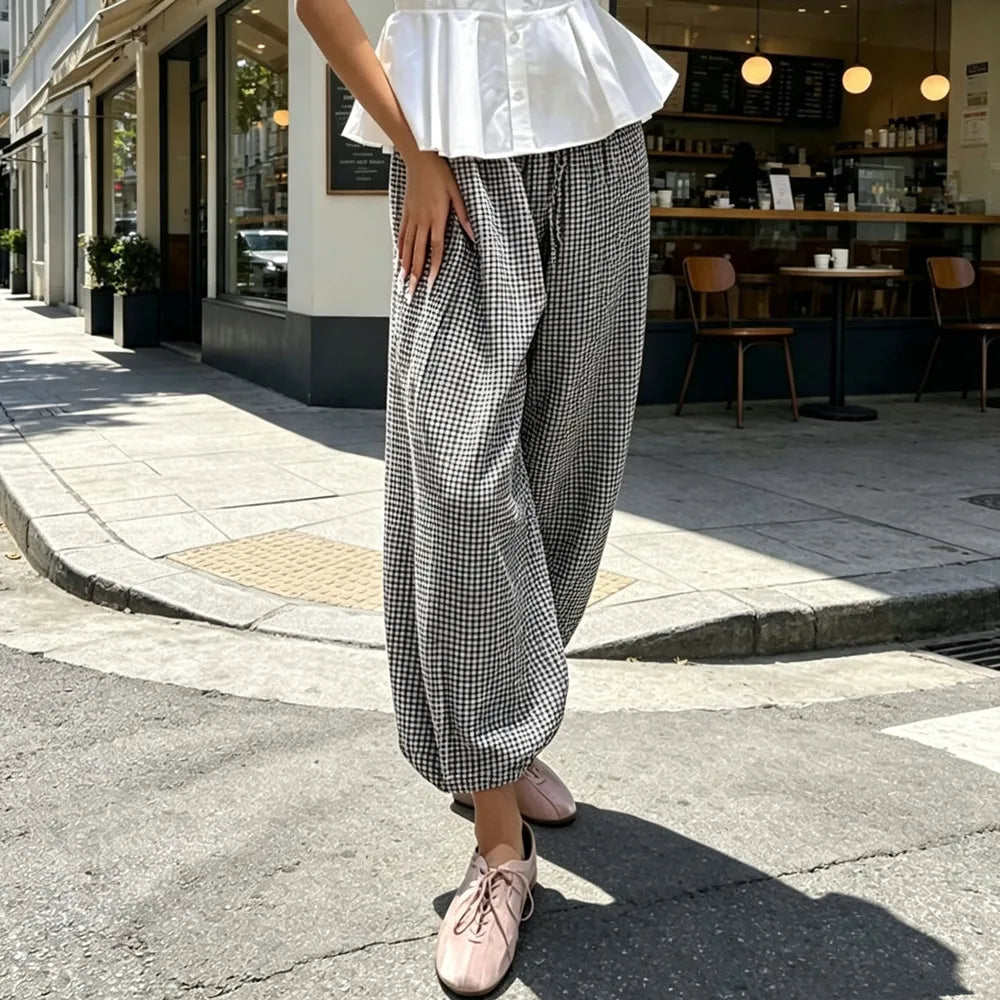 Ladies Vintage New Pants Women Chic Lace-Up Plaid Drawstring Beach Vacation Casual Lantern Pants Women Trousers Long Pant Female