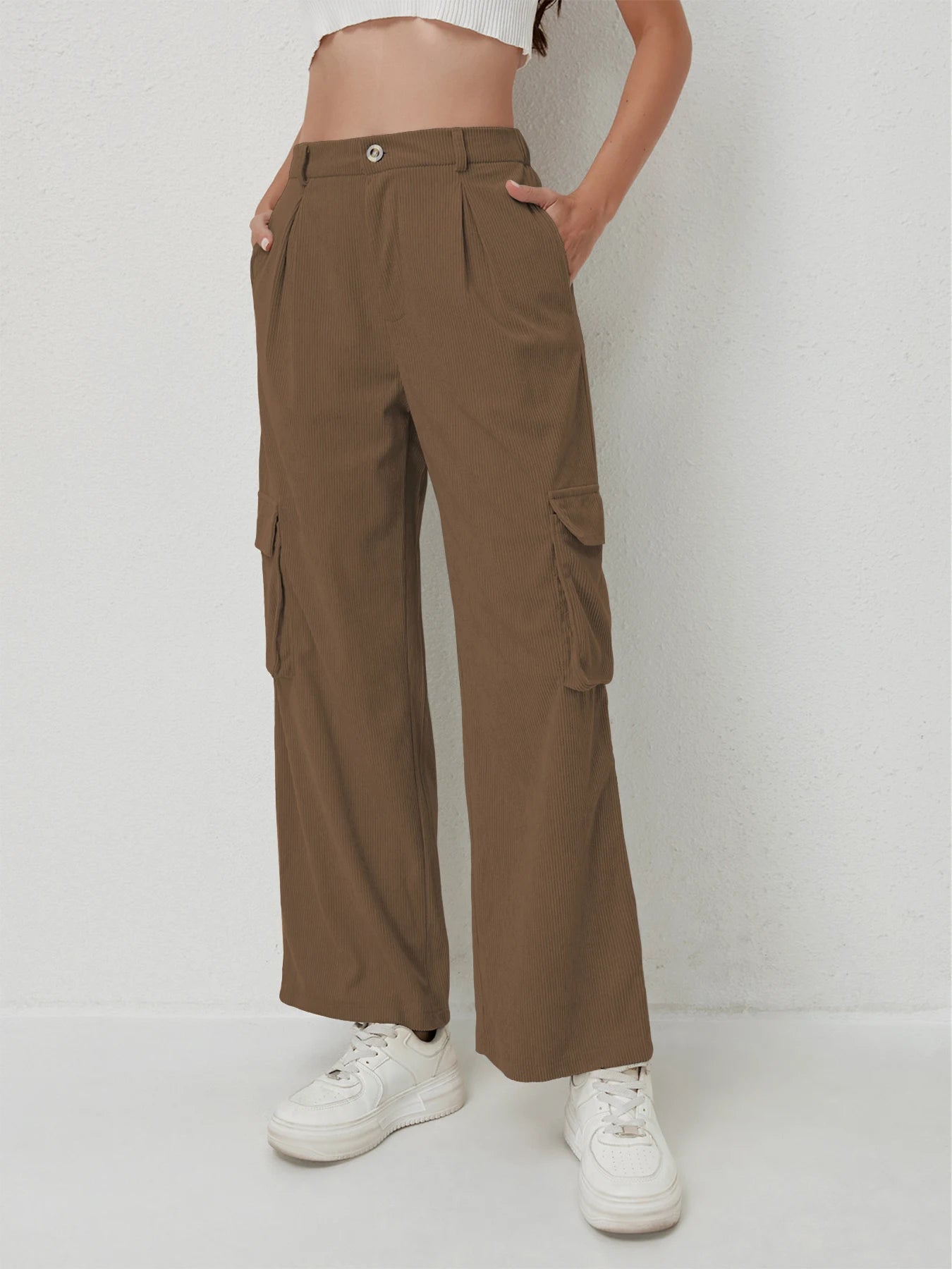 Women's casual trousers corduroy trousers multi-pocket drape high waist trousers women's sports casual work trousers