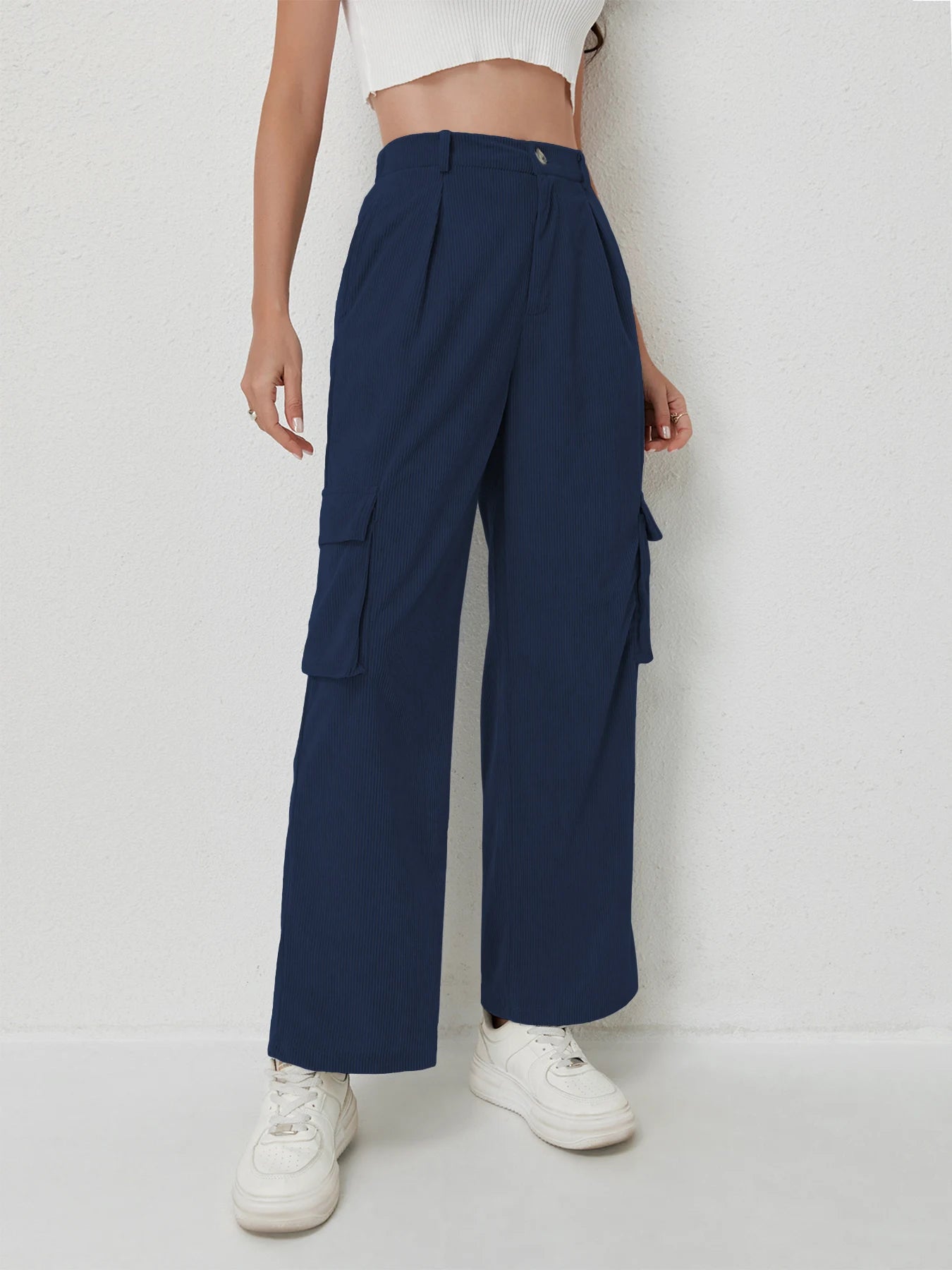 Women's casual trousers corduroy trousers multi-pocket drape high waist trousers women's sports casual work trousers