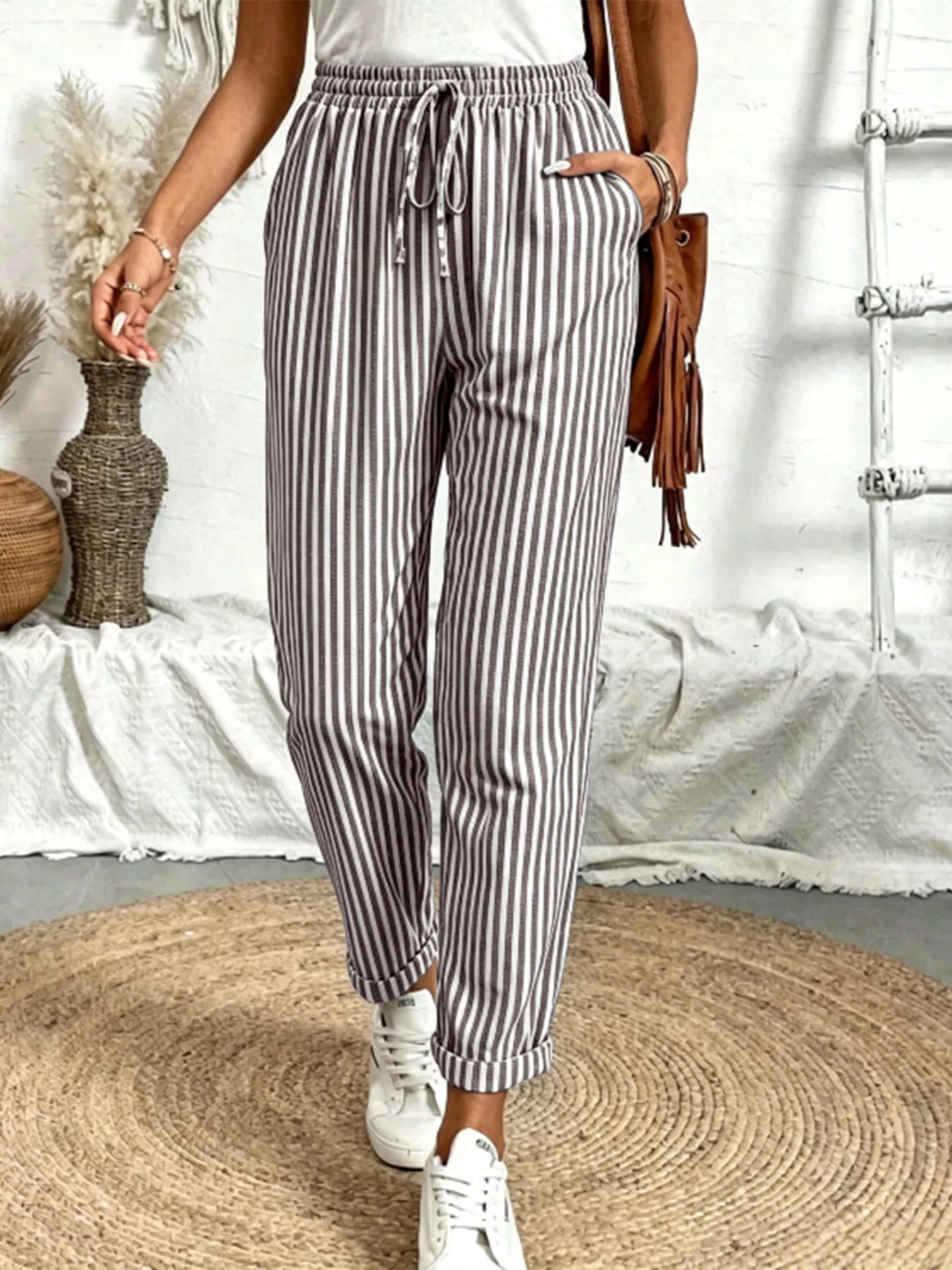 Women Striped Loose Pants 2026 Spring Summer, Elastic Drawstring Waist Wide Leg Casual Trousers, Breathable Soft Streetwear Pant