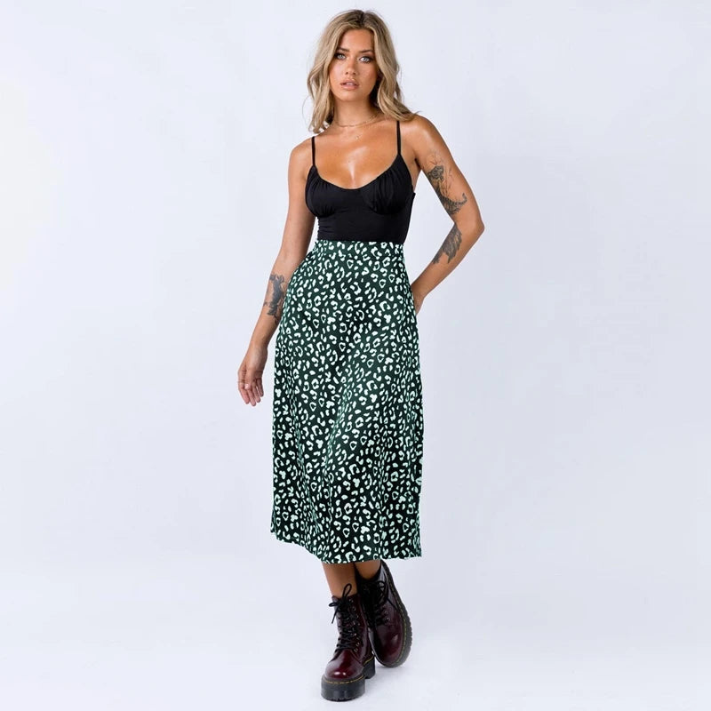 New Sexy Leopard Print  Split Skirt Casual Fashion Long Skirts for Women Spring Summer Zip Elegant Female Skirt