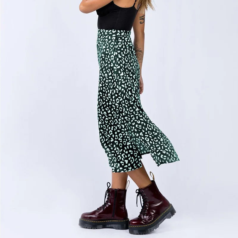 New Sexy Leopard Print  Split Skirt Casual Fashion Long Skirts for Women Spring Summer Zip Elegant Female Skirt
