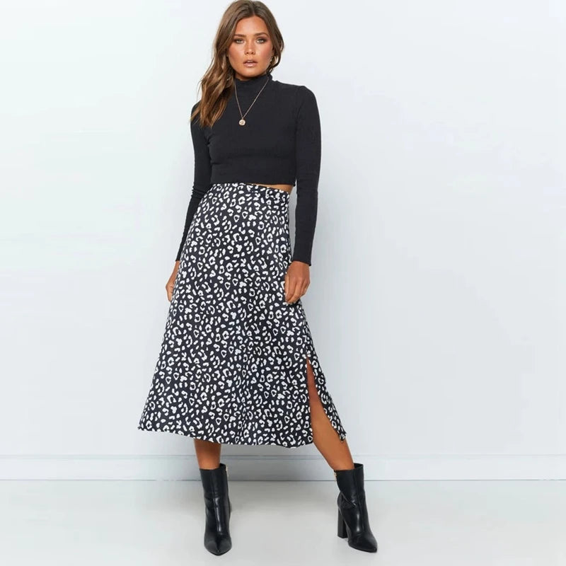 New Sexy Leopard Print  Split Skirt Casual Fashion Long Skirts for Women Spring Summer Zip Elegant Female Skirt