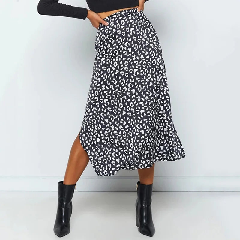 New Sexy Leopard Print  Split Skirt Casual Fashion Long Skirts for Women Spring Summer Zip Elegant Female Skirt