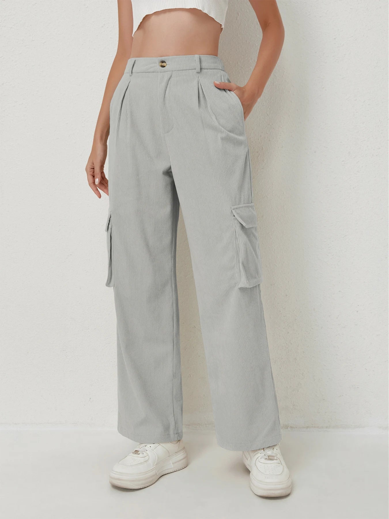 Women's casual trousers corduroy trousers multi-pocket drape high waist trousers women's sports casual work trousers