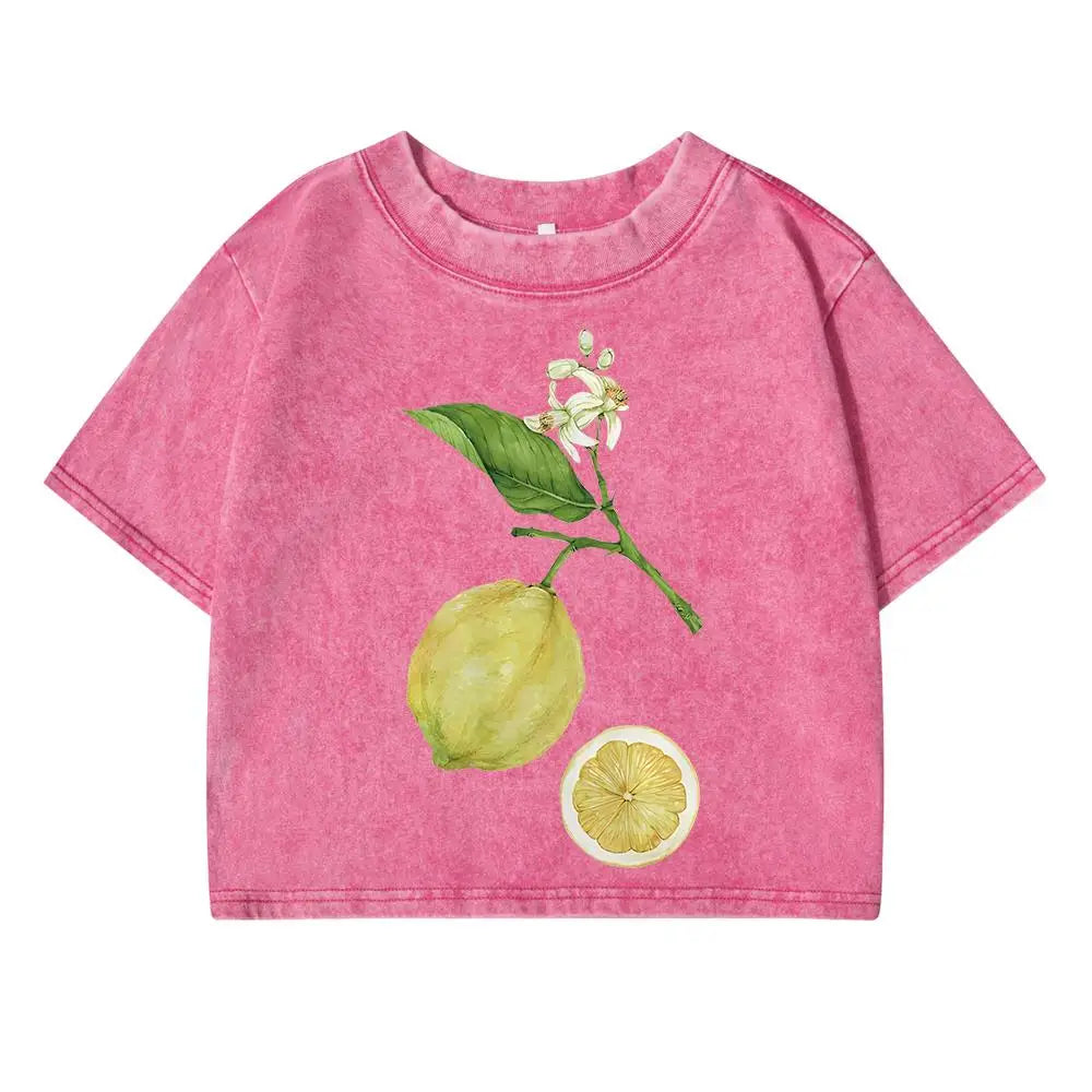 Lemon Branches Simple Printing Female Washed Short T-Shirt Summer Cool T Shirts Distress Hip Hop Clothes Breathable Soft Tops
