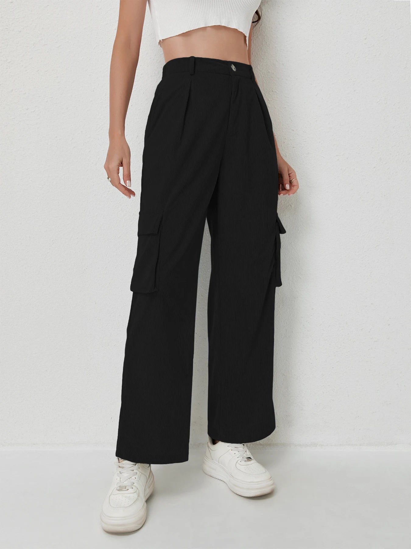Women's casual trousers corduroy trousers multi-pocket drape hi...