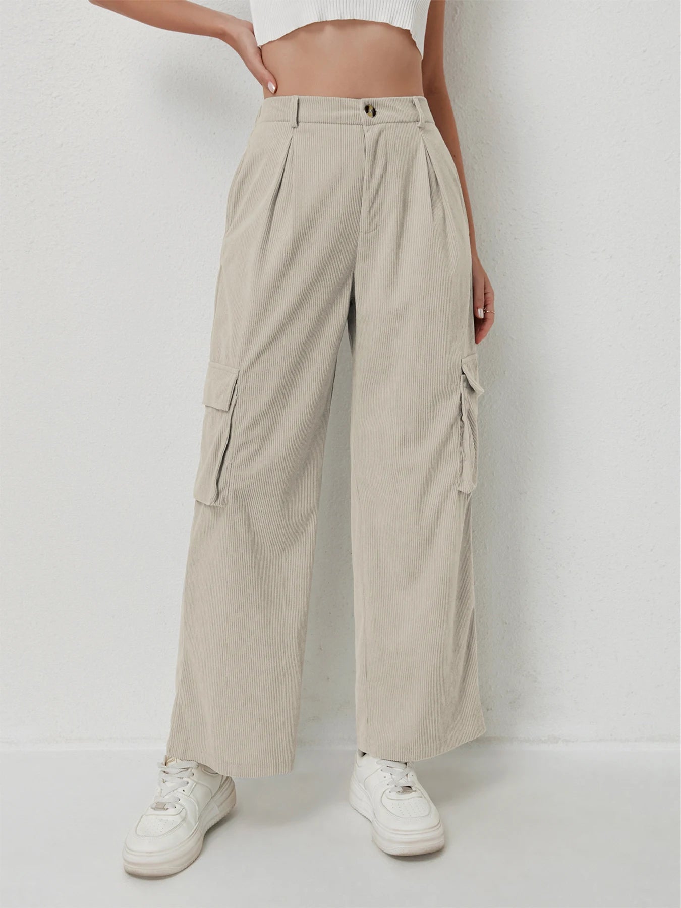 Women's casual trousers corduroy trousers multi-pocket drape high waist trousers women's sports casual work trousers